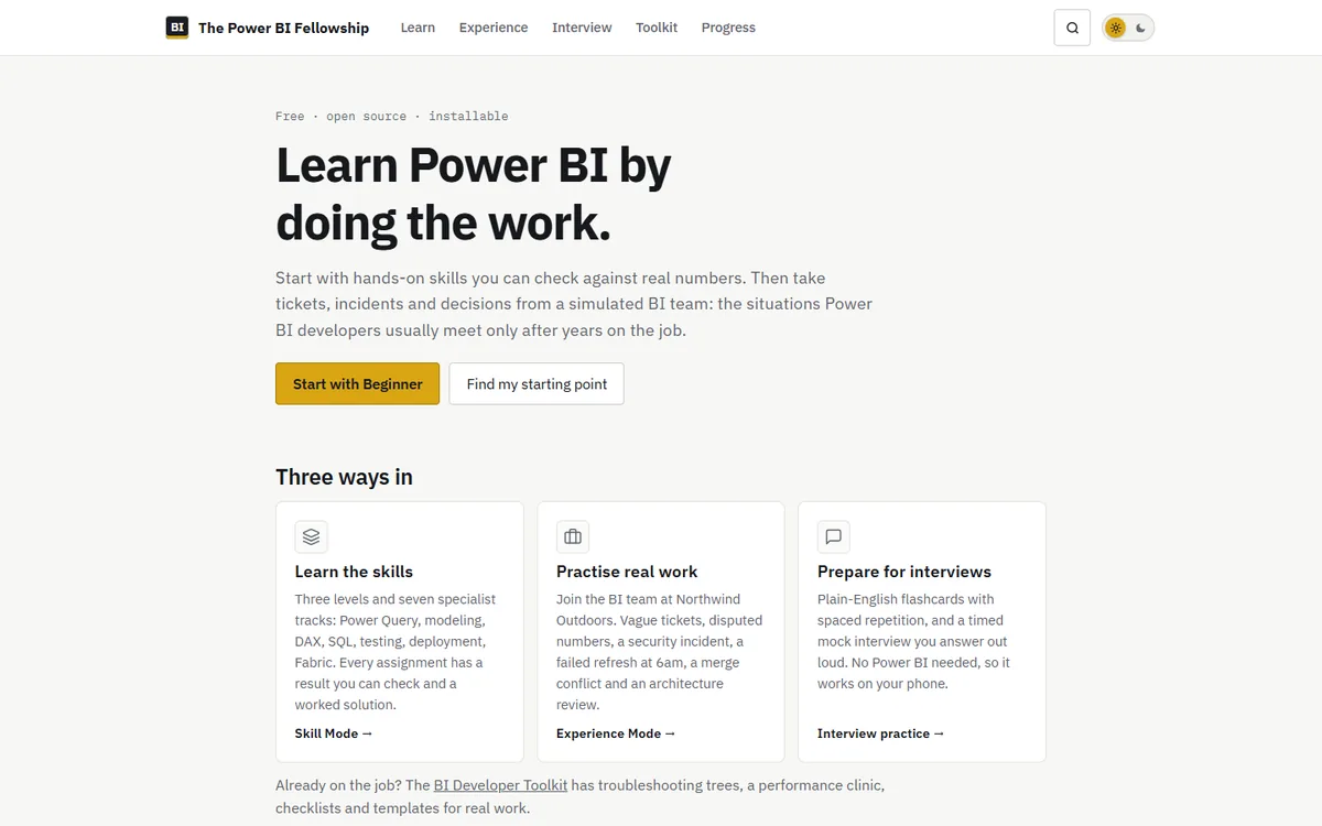 The Power BI Fellowship home page: “Learn Power BI by doing the work.” above three paths: learn the skills, practise real work and prepare for interviews.